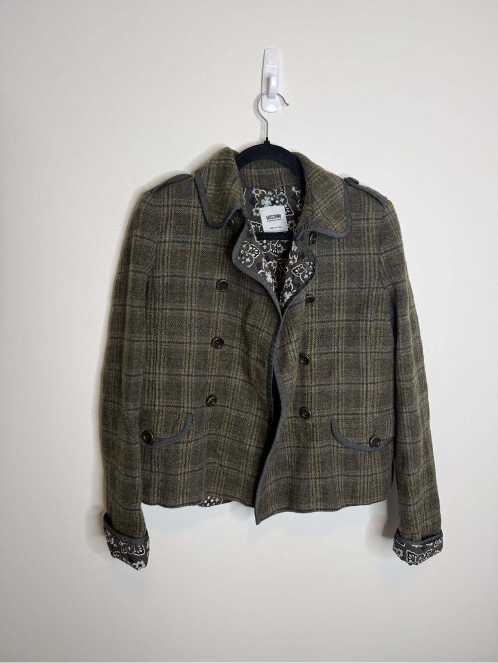 Moschino cheap chic Olive Plaid Wool-Blend Peacoat Jacket size medium